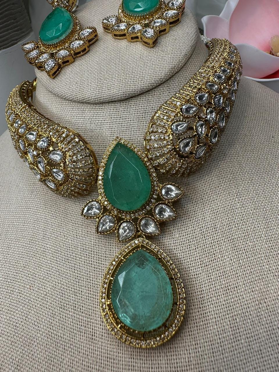 Mint and polki Kundan Necklace Set - Traditional Indian Jewelry