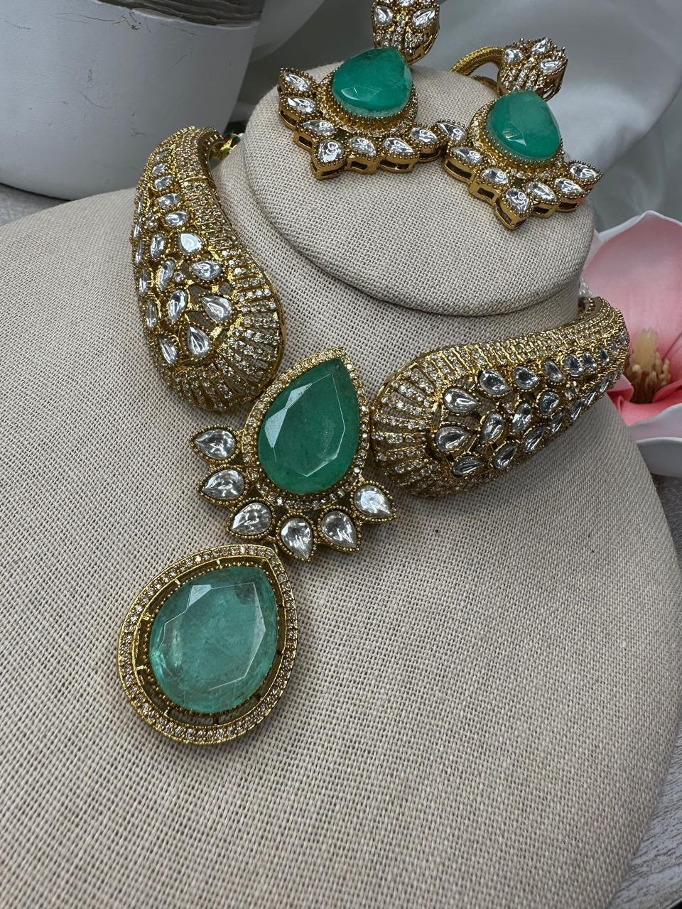 Mint and polki Kundan Necklace Set - Traditional Indian Jewelry