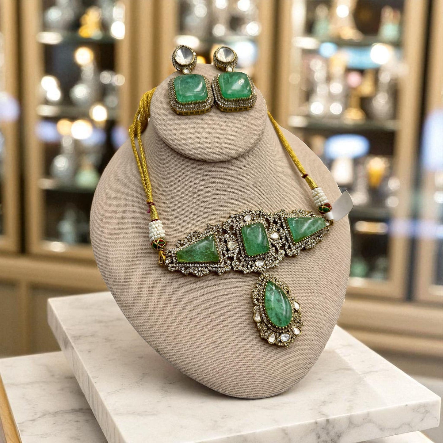 Mint Stone Choker Set, Gold-Toned Traditional Necklace and Earrings