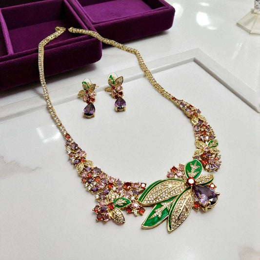 Designer Floral Necklace Set – Sapphire, AD Stones, Green Enamel