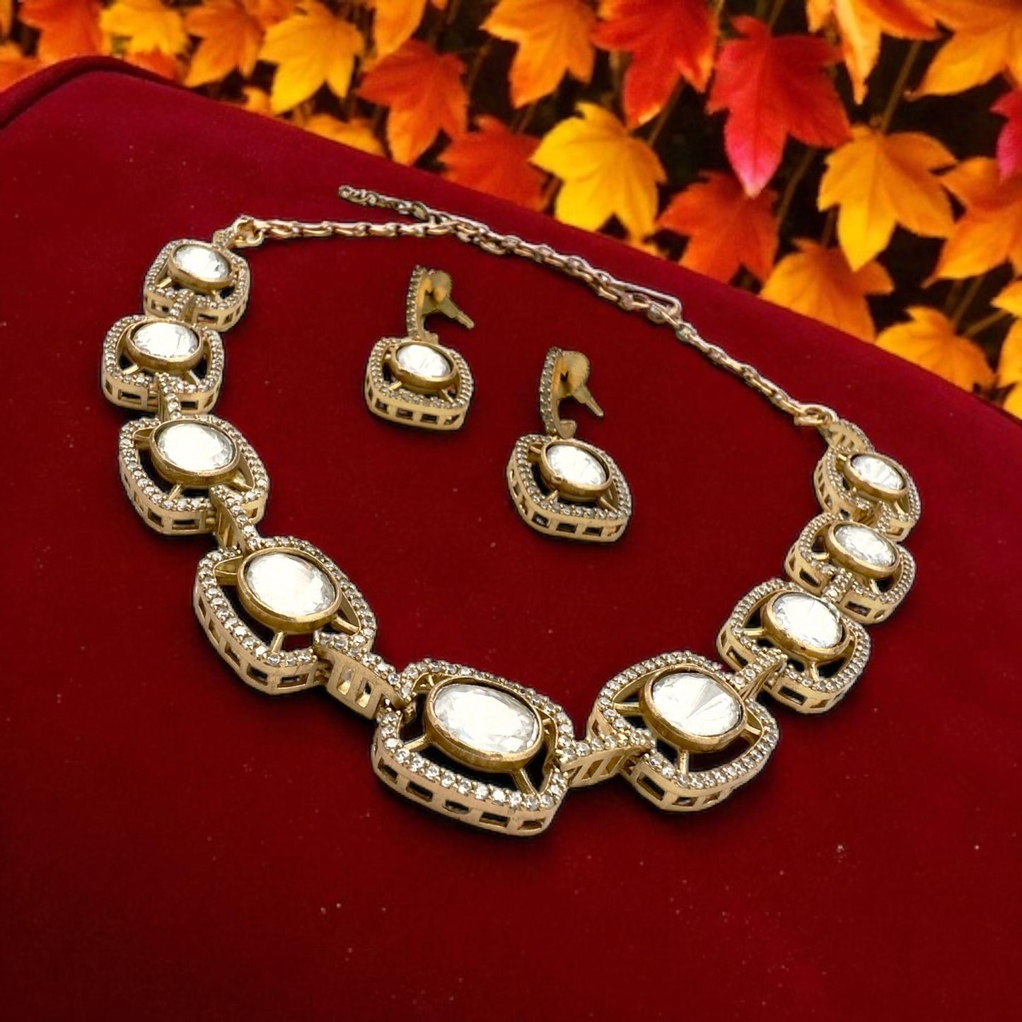 Traditional Kundan Necklace Set with Earrings Gold Plated Elegant Indian Jewelry