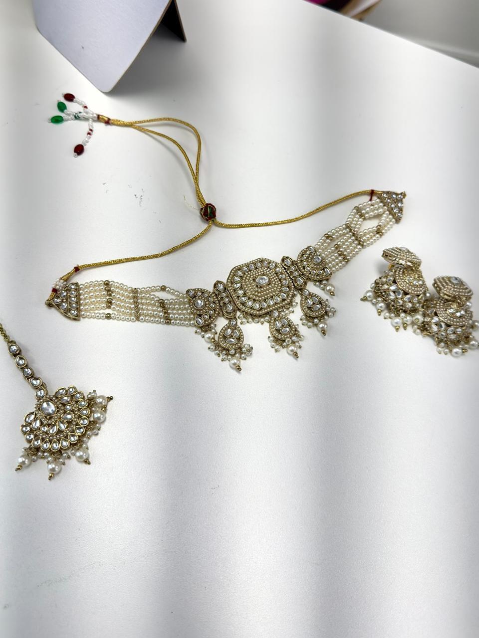 Kundan Pearl Necklace Set – Gold Plated Indian Jewelry, Earrings, Tika