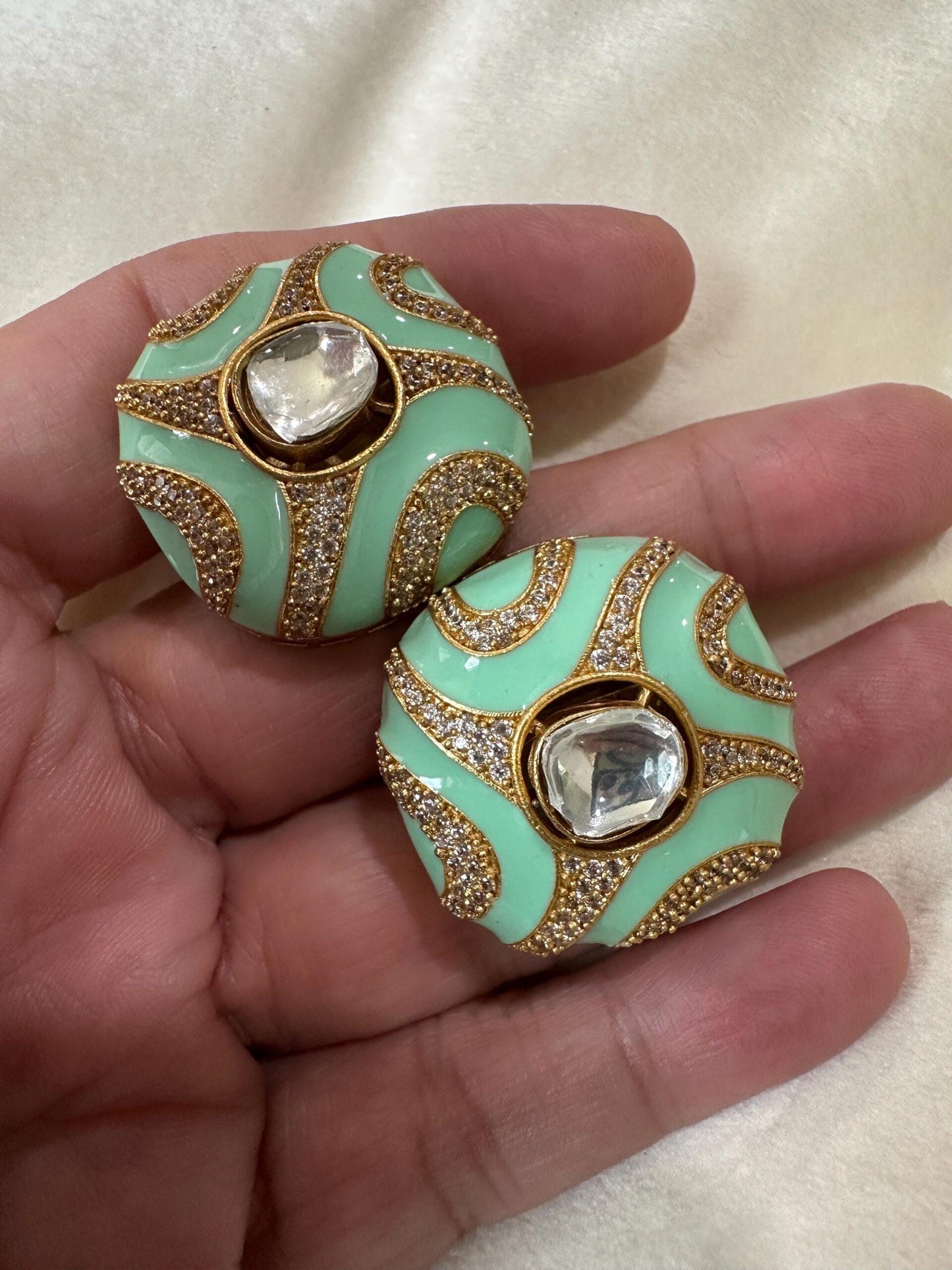Bollywood Indian enameled studs teal green color gold finish