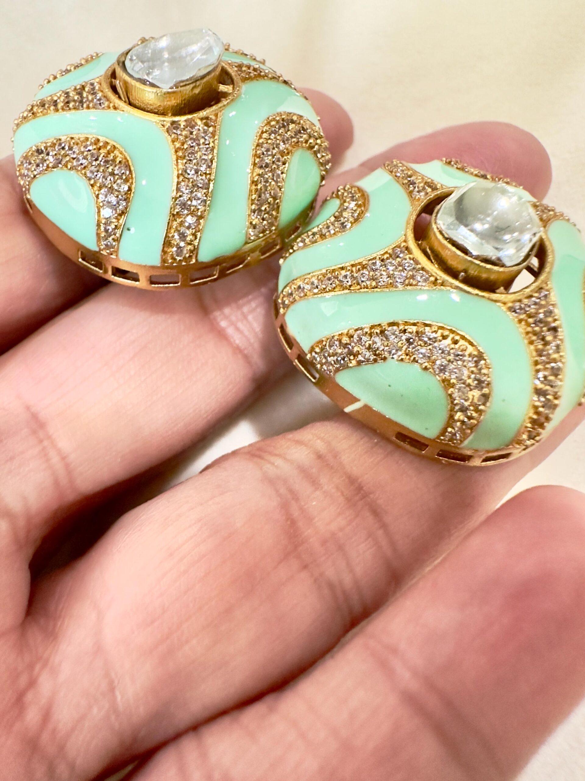 Bollywood Indian enameled studs teal green color gold finish