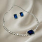 Sapphire Blue Stone CZ Necklace Set with Stud Earrings Silver Tone Jewelry for Women