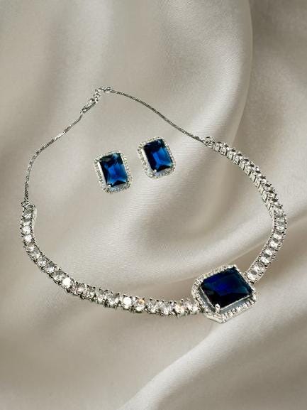 Sapphire Blue Stone CZ Necklace Set with Stud Earrings Silver Tone Jewelry for Women