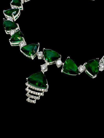 Green Emerald Color Cubic Zirconia CZ Necklace Set with Earrings Rhodium Polish Designer Jewelry