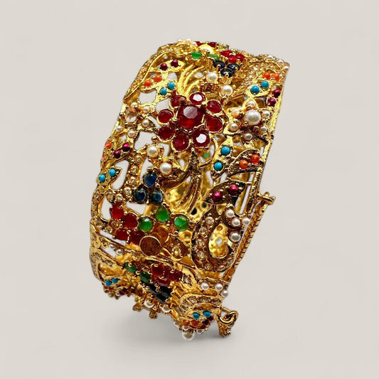 Gold Plated Jadao Kada | Multi Color Stone & Pearl Cuff