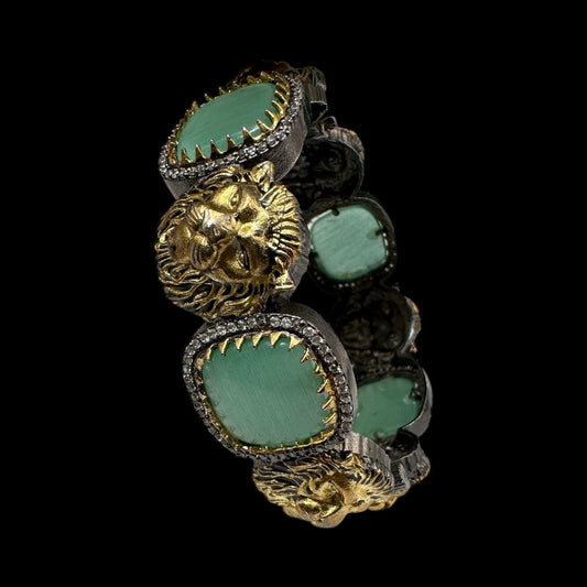 Old School Openable Bangle Chunky | Lion Motif Gold & Silver with Mint Green Stones