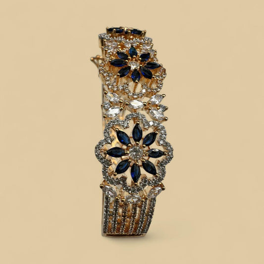 Luxury Gold Tone Bangle CZ Stone Sapphire Color Floral Design