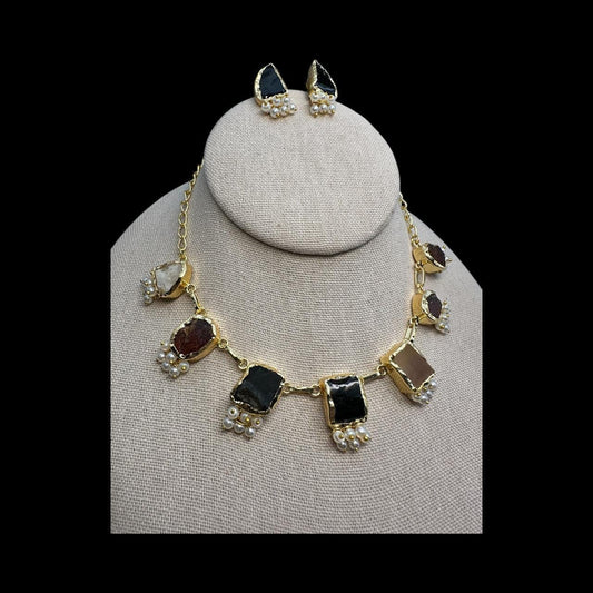 Turkish Necklace and Studs Set - Semi-Precious Stones with Pearls