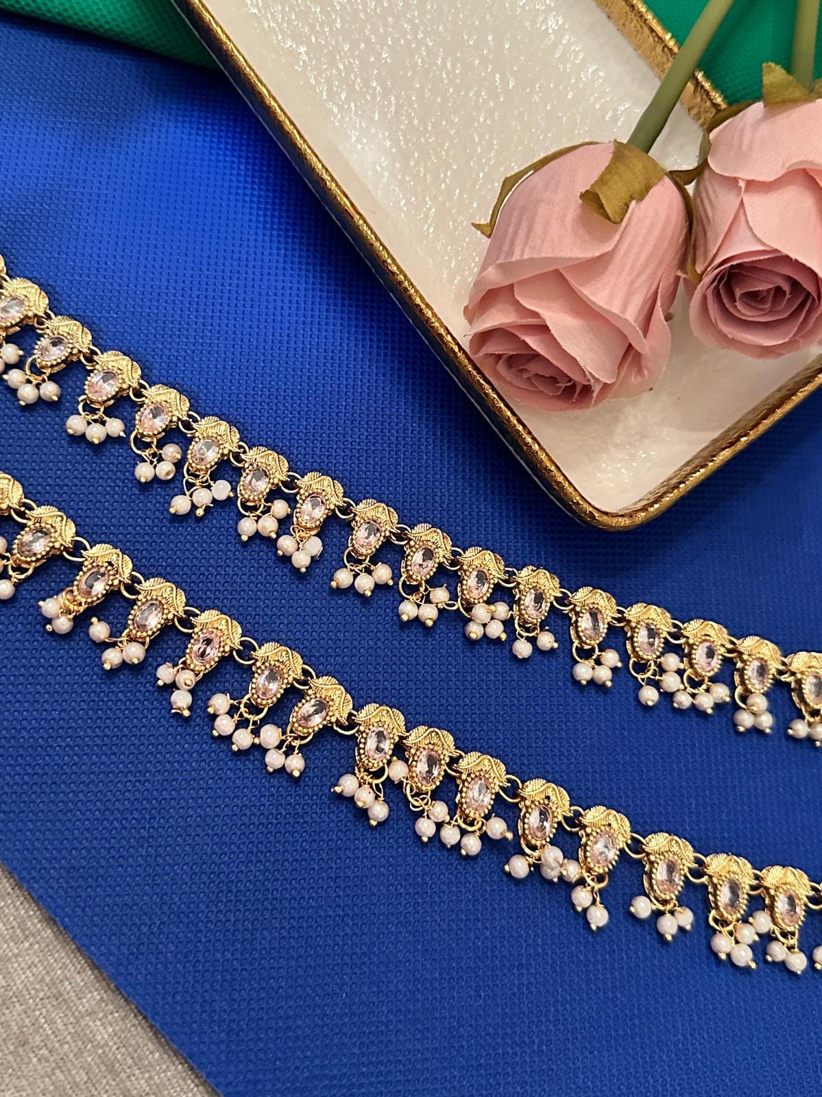 Payal / Anklet Gold Finish with Pearls & Clear Stones