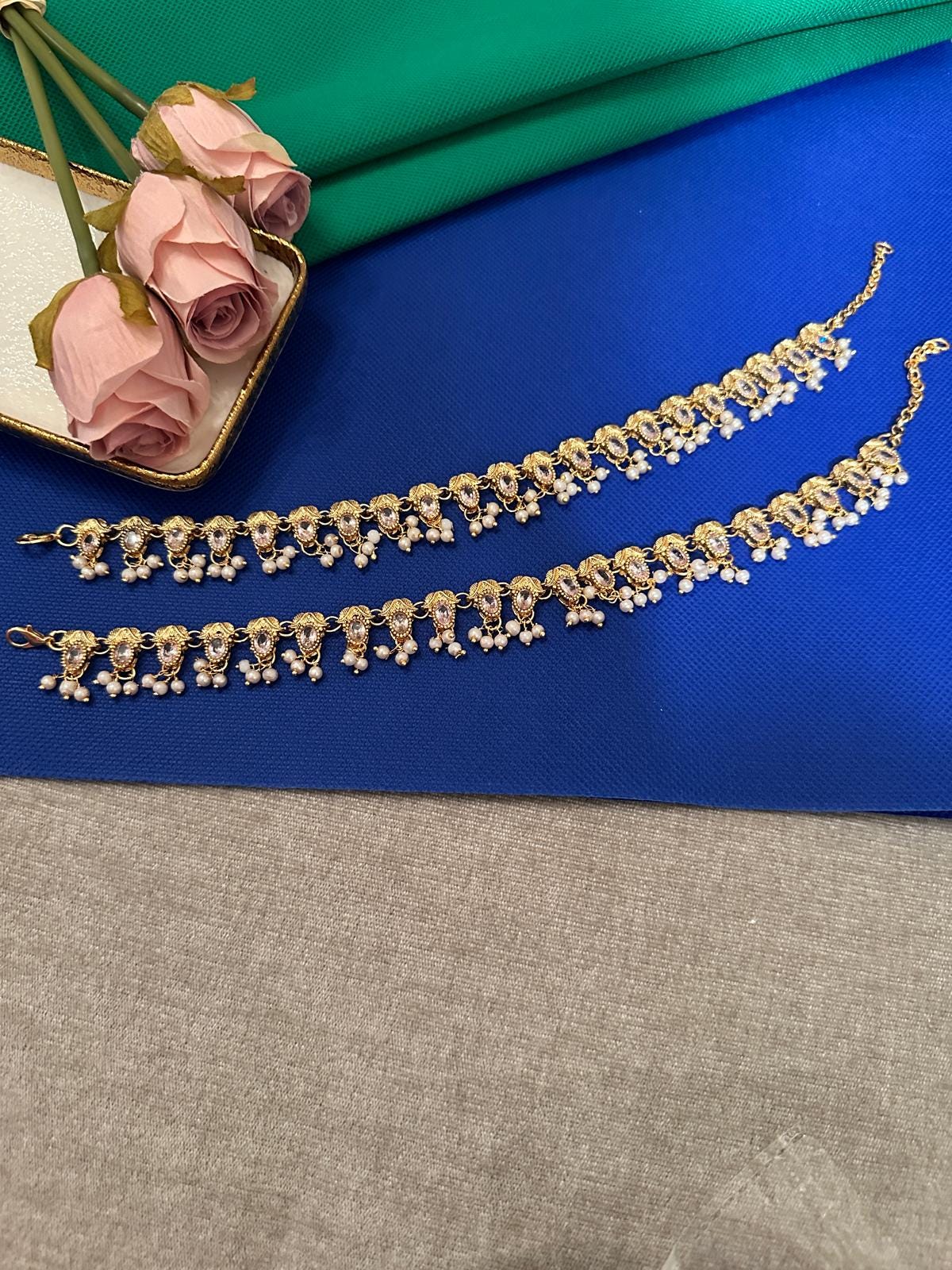 Payal / Anklet Gold Finish with Pearls & Clear Stones
