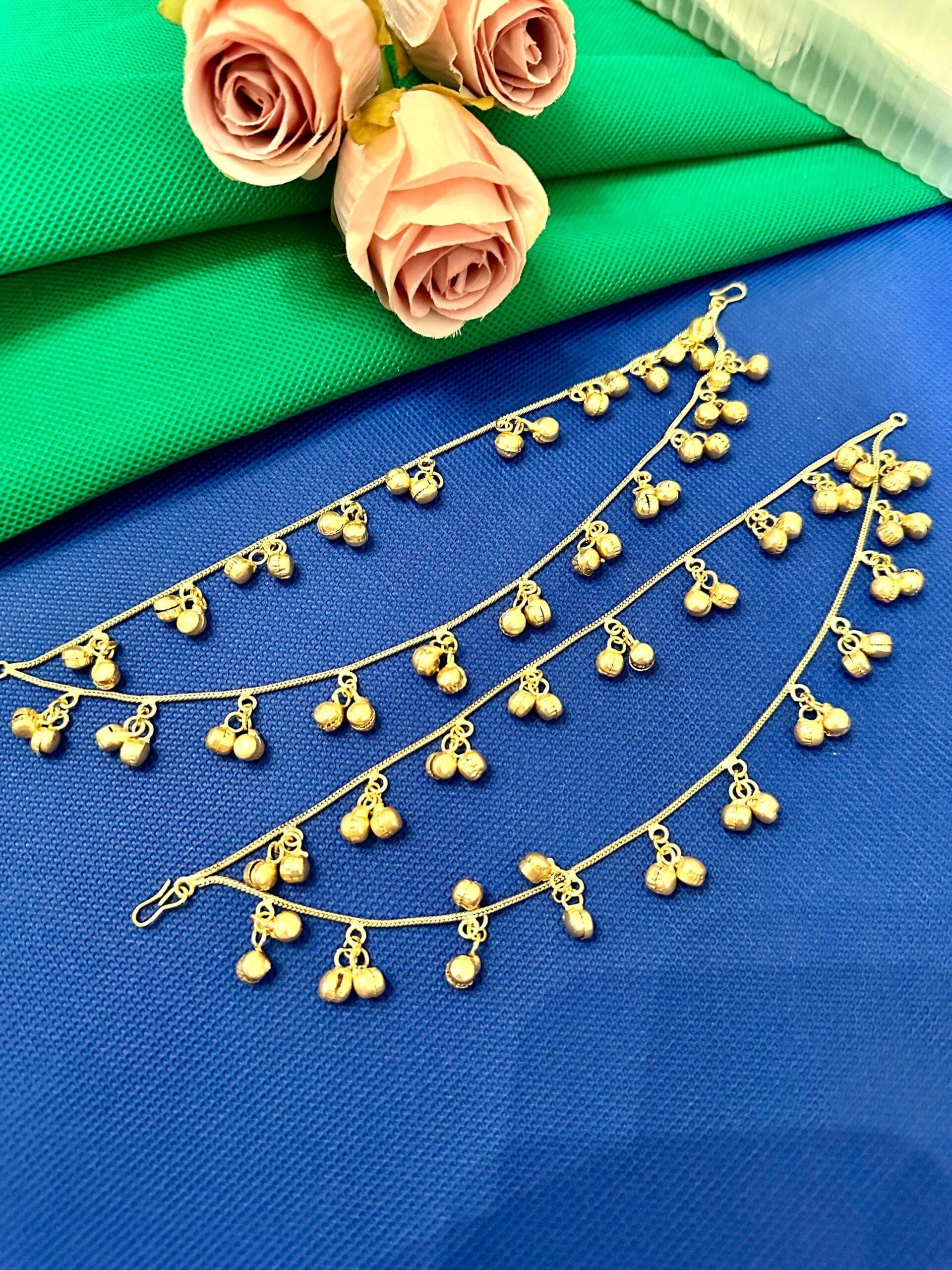 Gold Plated Anklets with Dangling Beads | Traditional indian Payal Jewelry | Boho Foot Jewelry.