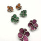 Luxurious Four-Leaf Clover Earrings - Orange, Green, and Pink Rhinestone Studs with Silver-Toned Setting