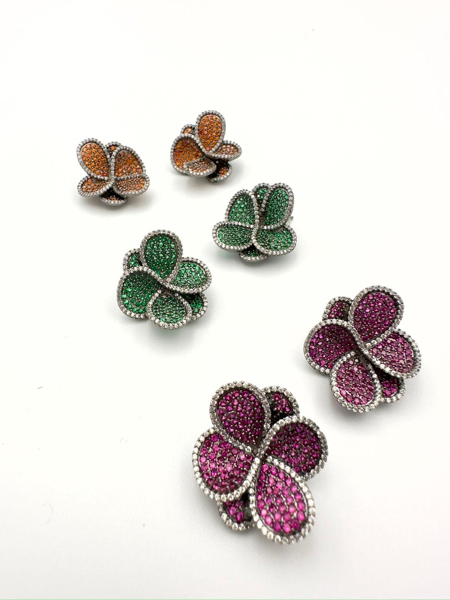 Luxurious Four-Leaf Clover Earrings - Orange, Green, and Pink Rhinestone Studs with Silver-Toned Setting