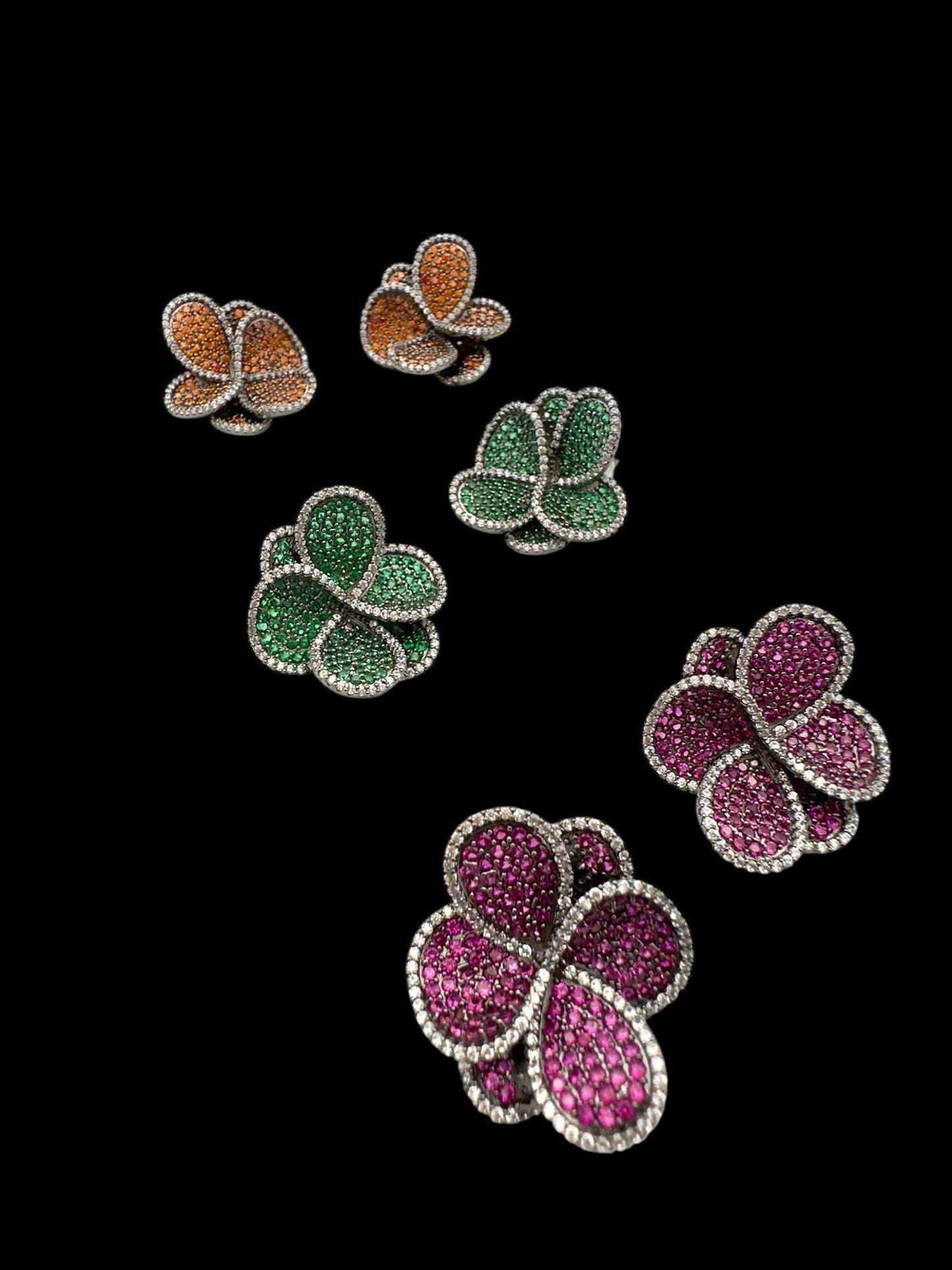 Luxurious Four-Leaf Clover Earrings - Orange, Green, and Pink Rhinestone Studs with Silver-Toned Setting