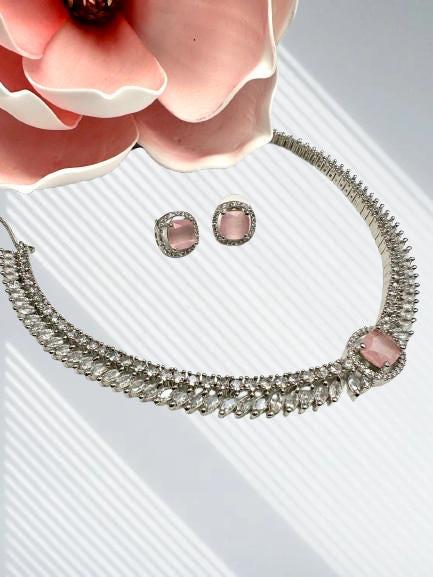 CZ Necklace Set – Pink Crystal Stud Earrings, Cubic Zirconia Jewelry