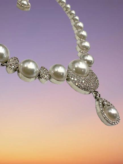 Micro CZ Stone Setting Necklace Set with Earrings - Elegant Pearl & CZ Jewelry