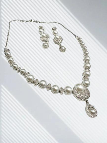 Micro CZ Stone Setting Necklace Set with Earrings - Elegant Pearl & CZ Jewelry
