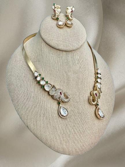 Elephant Gold Hasli Set Designer Jewelry | Kundan Polki Necklace & Earrings