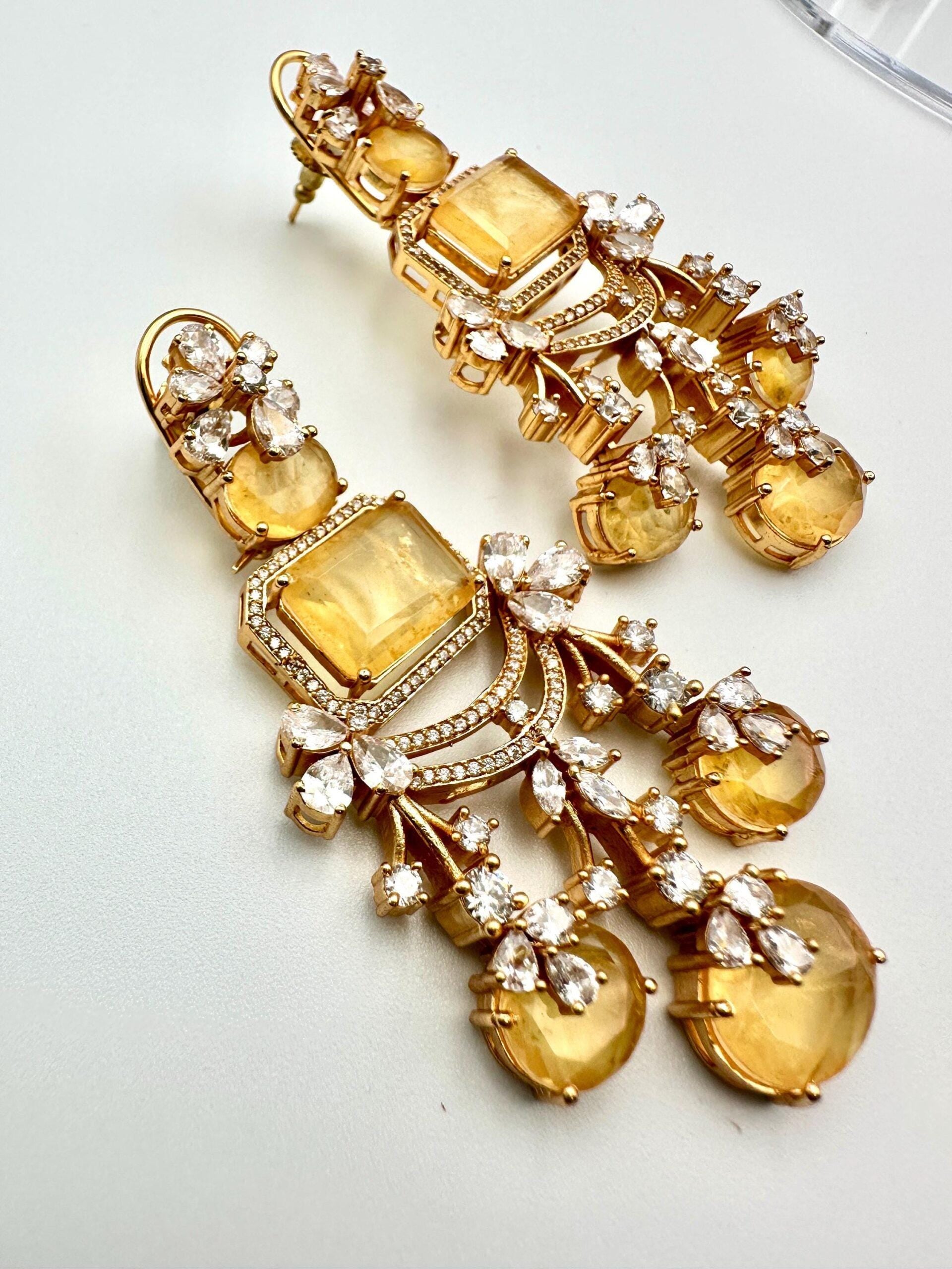 Bollywood Indian Designer high end Earrings with doublet stone,gold finish,Victorian,Ad stones