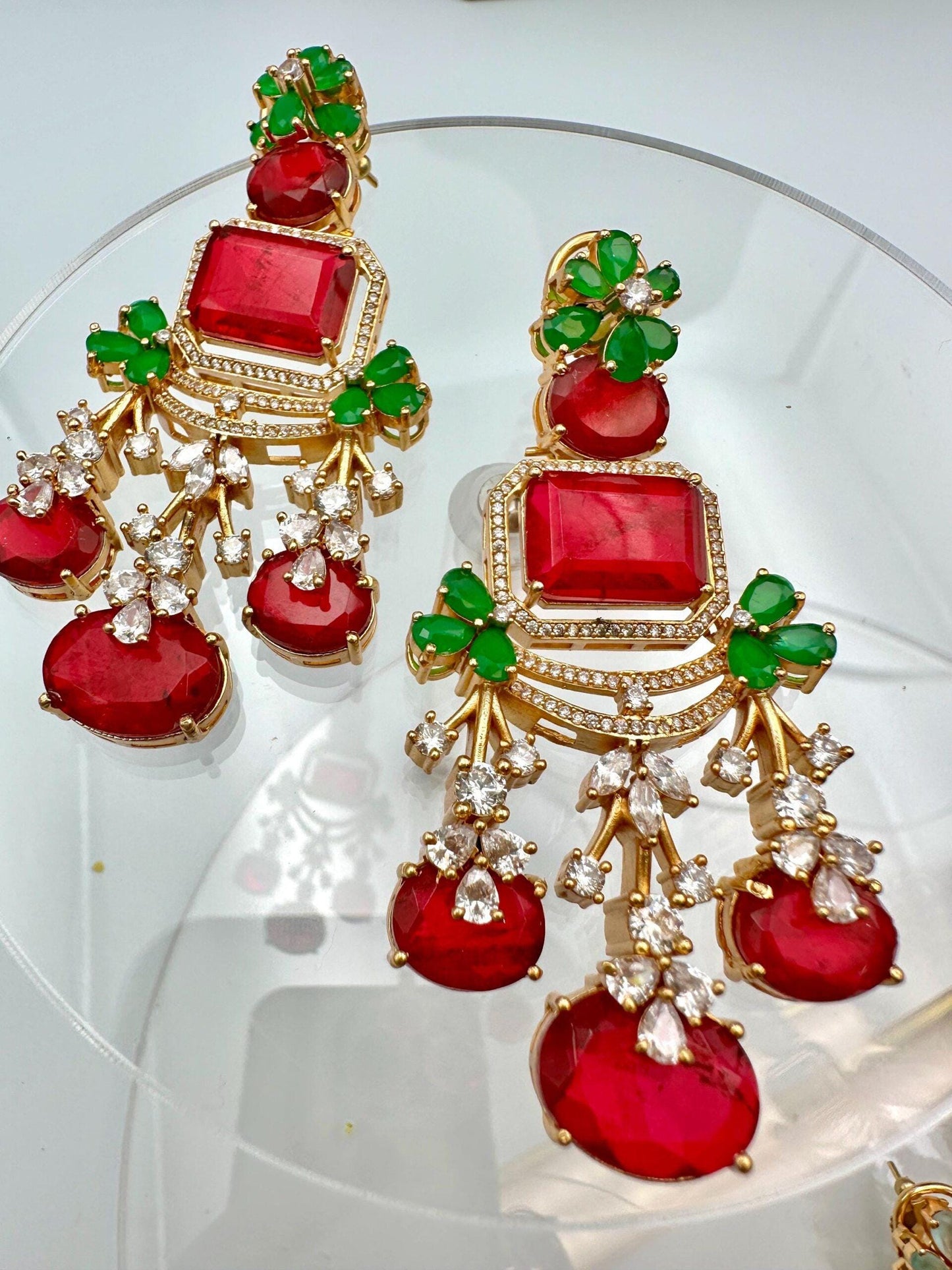 Bollywood Indian Designer high end Earrings with doublet stone,gold finish,Victorian,Ad stones