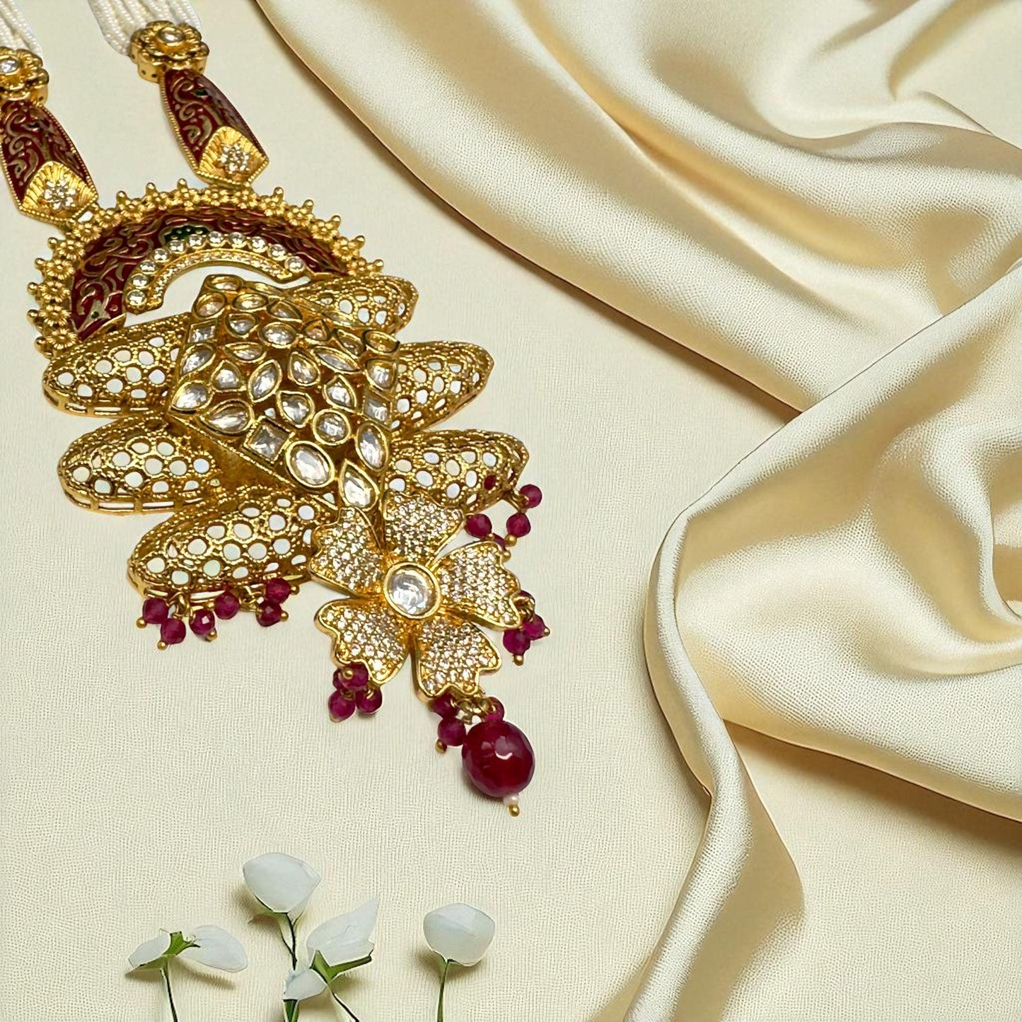Gold Plated Bollywood Mala Set – Ruby, Emerald, and Pearls