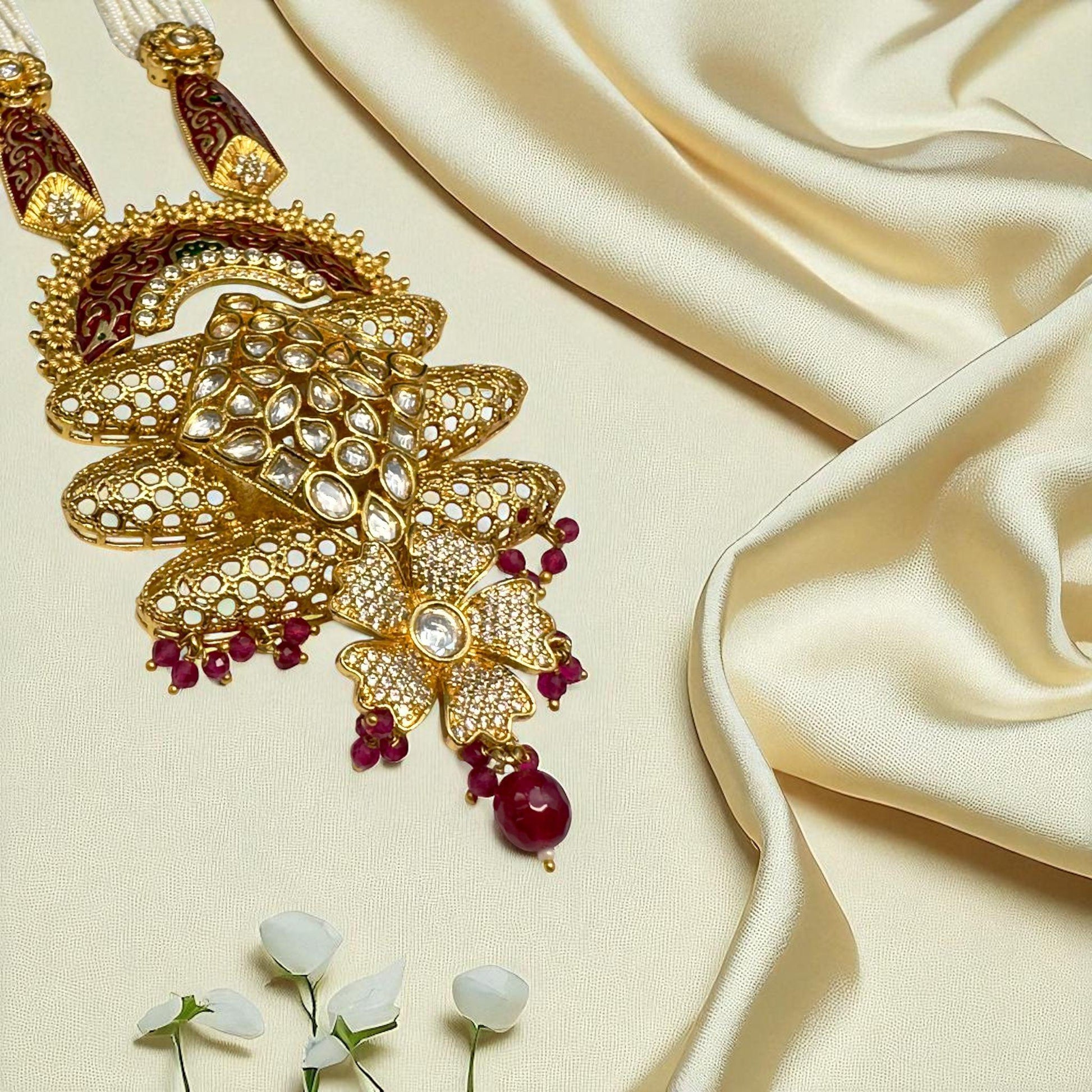 Gold Plated Bollywood Mala Set – Ruby, Emerald, and Pearls