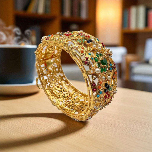 Noratun Jadao Gold Plated Wide Kada Openable Fits 2.6/2.8 - Traditional Pakistani/Indian Jewelry