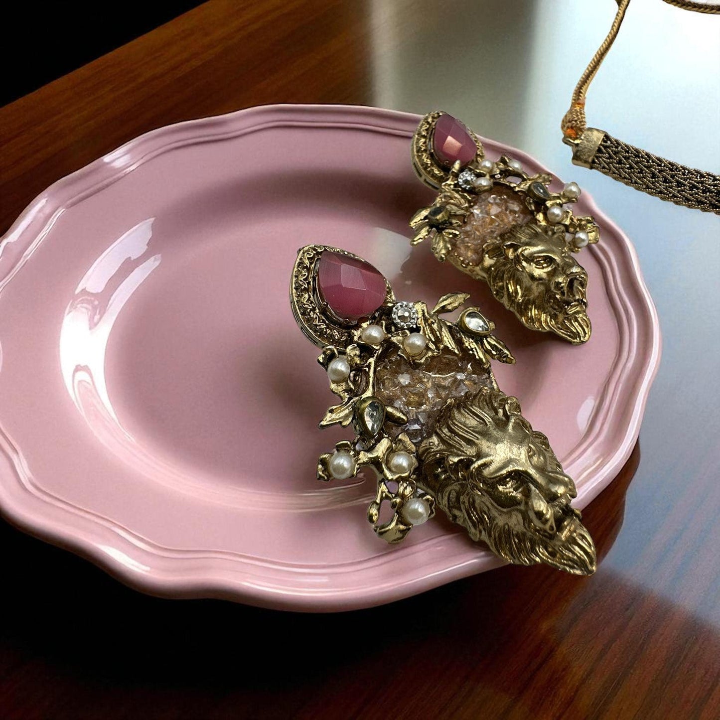 Majestic Lion Necklace and Earring Set - Gold-Toned with Pink Stone and Pearls