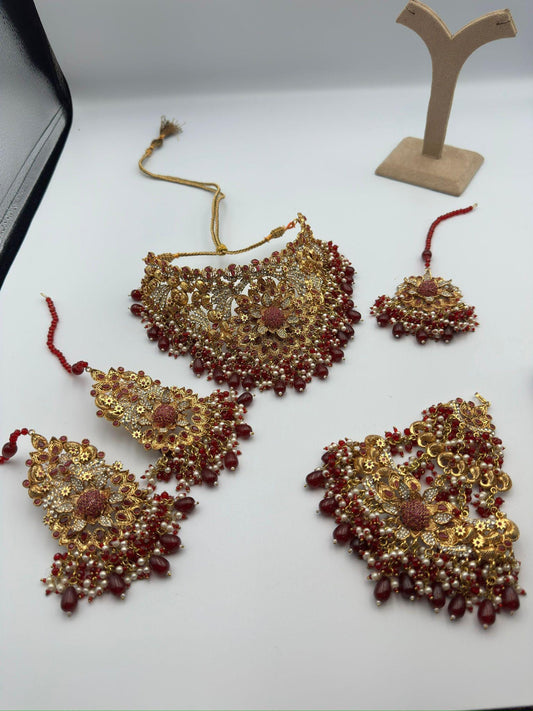 Red Kundan Bridal Jewelry Set – Gold Choker Necklace, Tikka Earrings