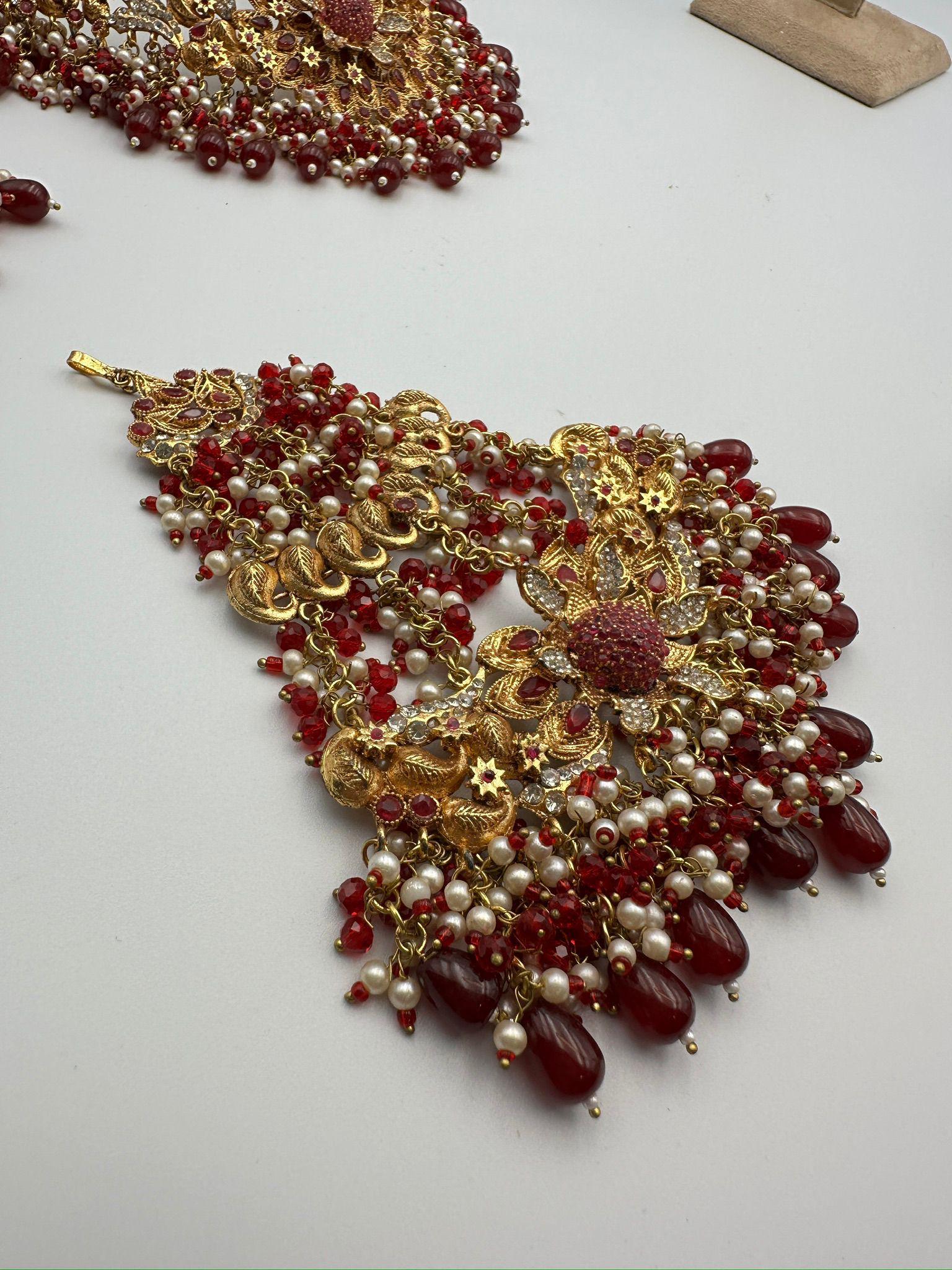 Red Kundan Bridal Jewelry Set – Gold Choker Necklace, Tikka Earrings