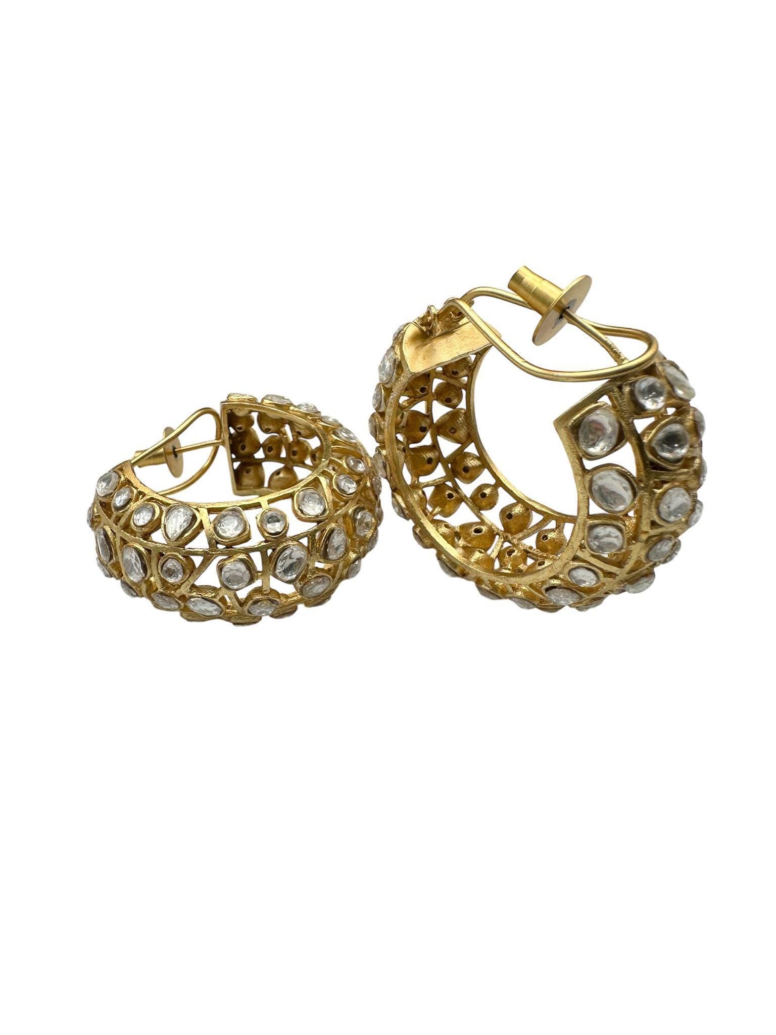 Gold Plated Bali Hoop Earrings - Matt Finish, Gemstone Accents