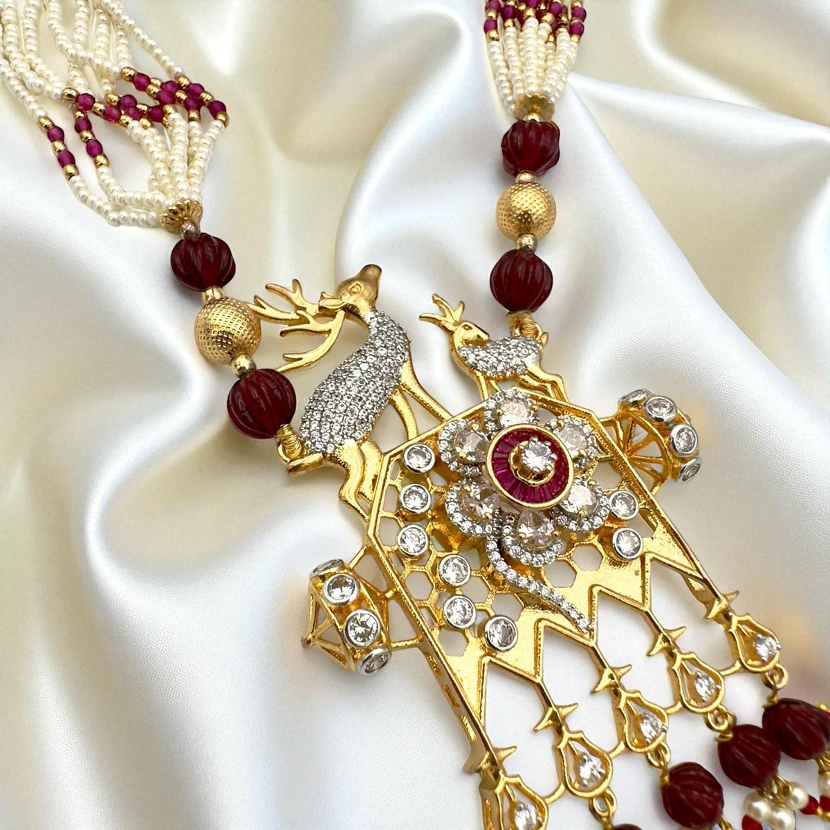 Ruby & Pearl Brass Mala Set: Indian Designer Jewelry