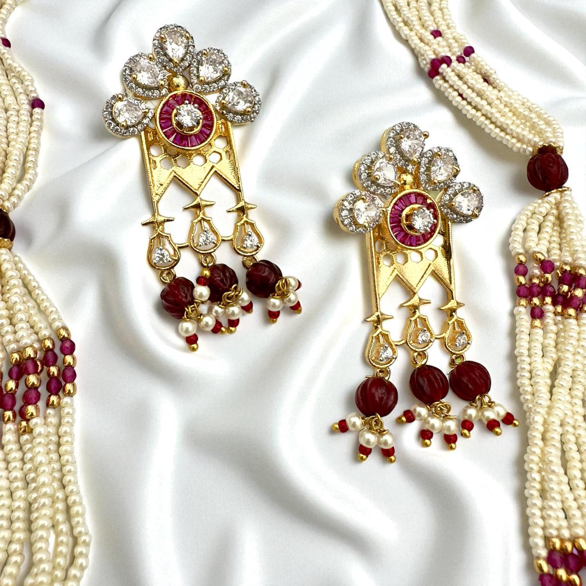 Ruby & Pearl Brass Mala Set: Indian Designer Jewelry