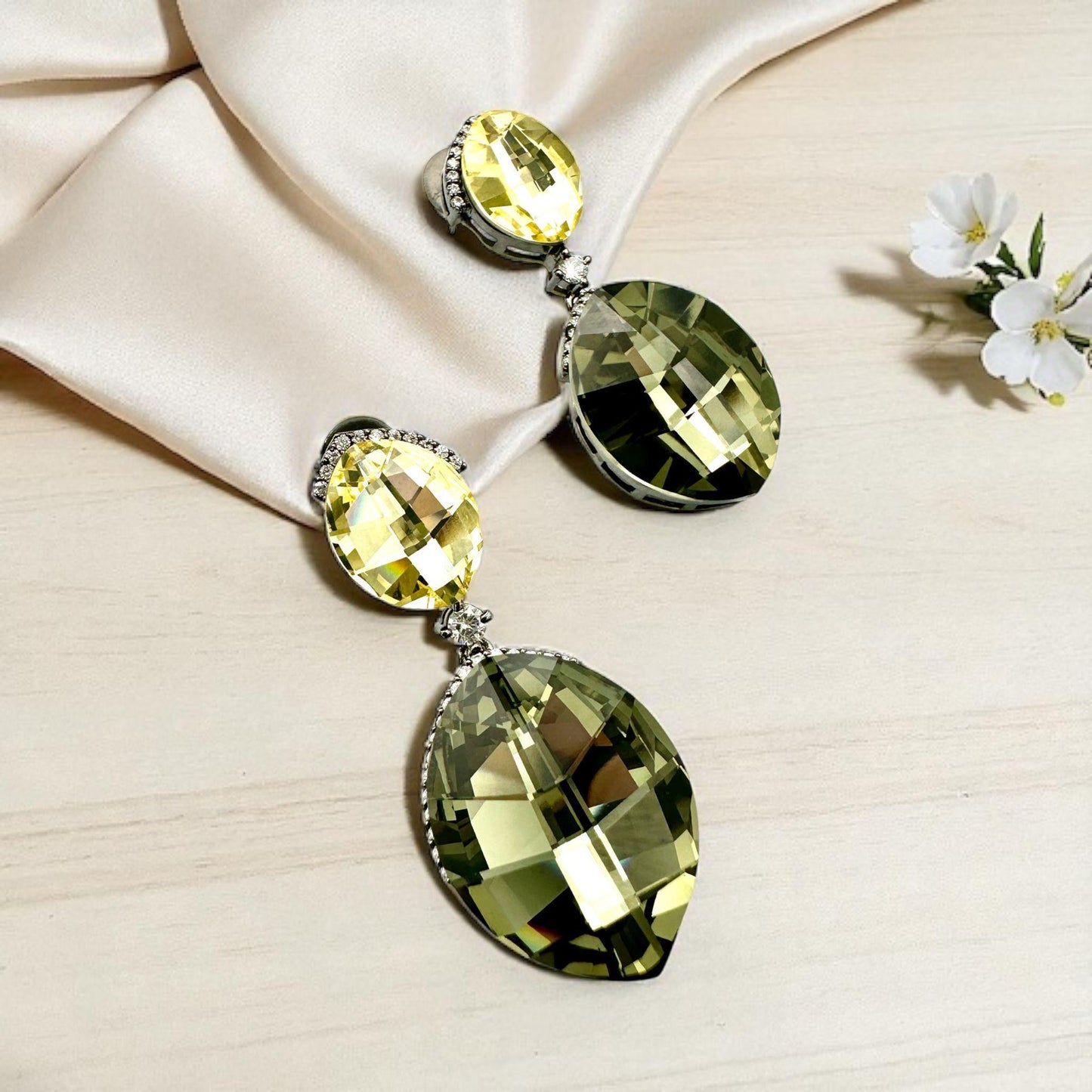 Elegant Green Crystal Drop Earrings with Silver Accents - Statement Jewelry for Women
