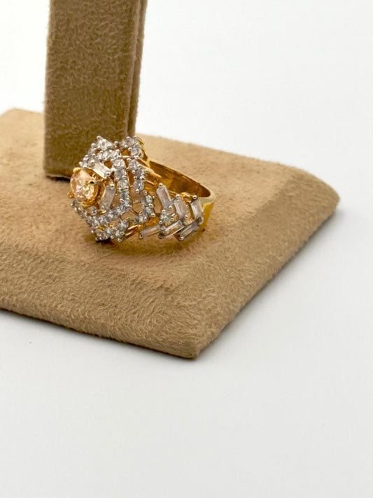 Bollywood Style Gold Diamond Ring with Peach Gemstone - Luxurious Jewelry for Women