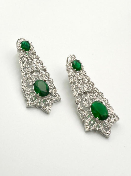 Silver Plated CZ Stone Emerald Green Earrings - Elegant Drop Dangle Jewelry for Women