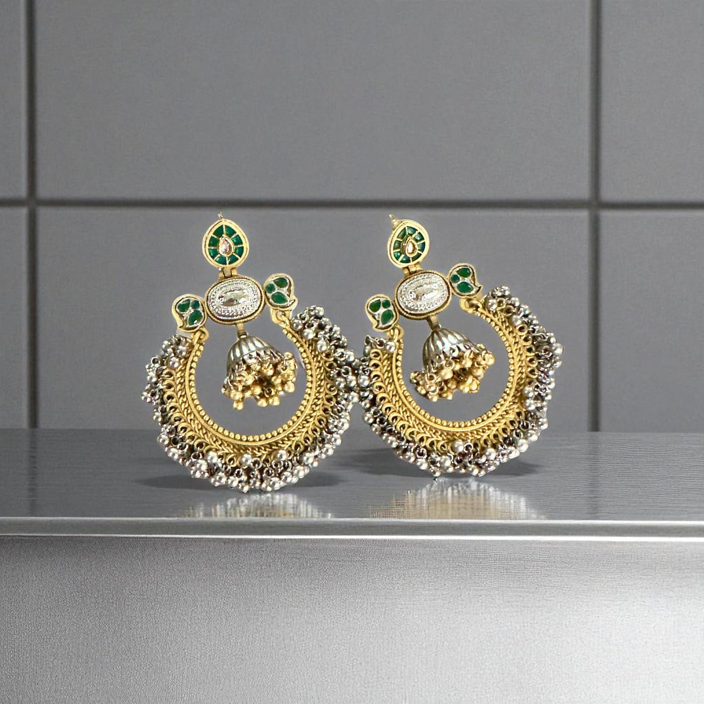 Gold & Silver oxerdize Tone Jhumka Earrings with Green Traditional Ethnic Jewelry