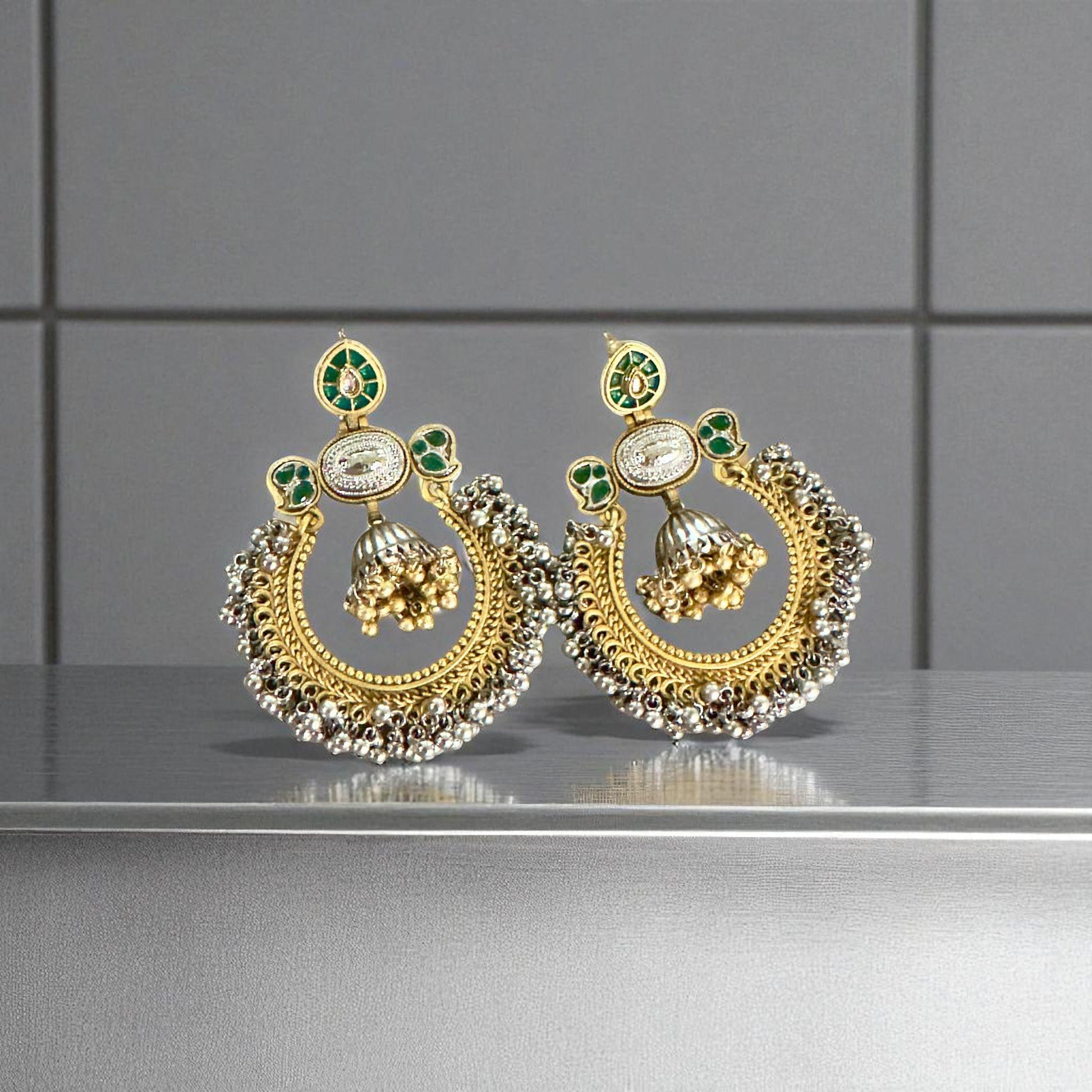 Gold & Silver oxerdize Tone Jhumka Earrings with Green Traditional Ethnic Jewelry