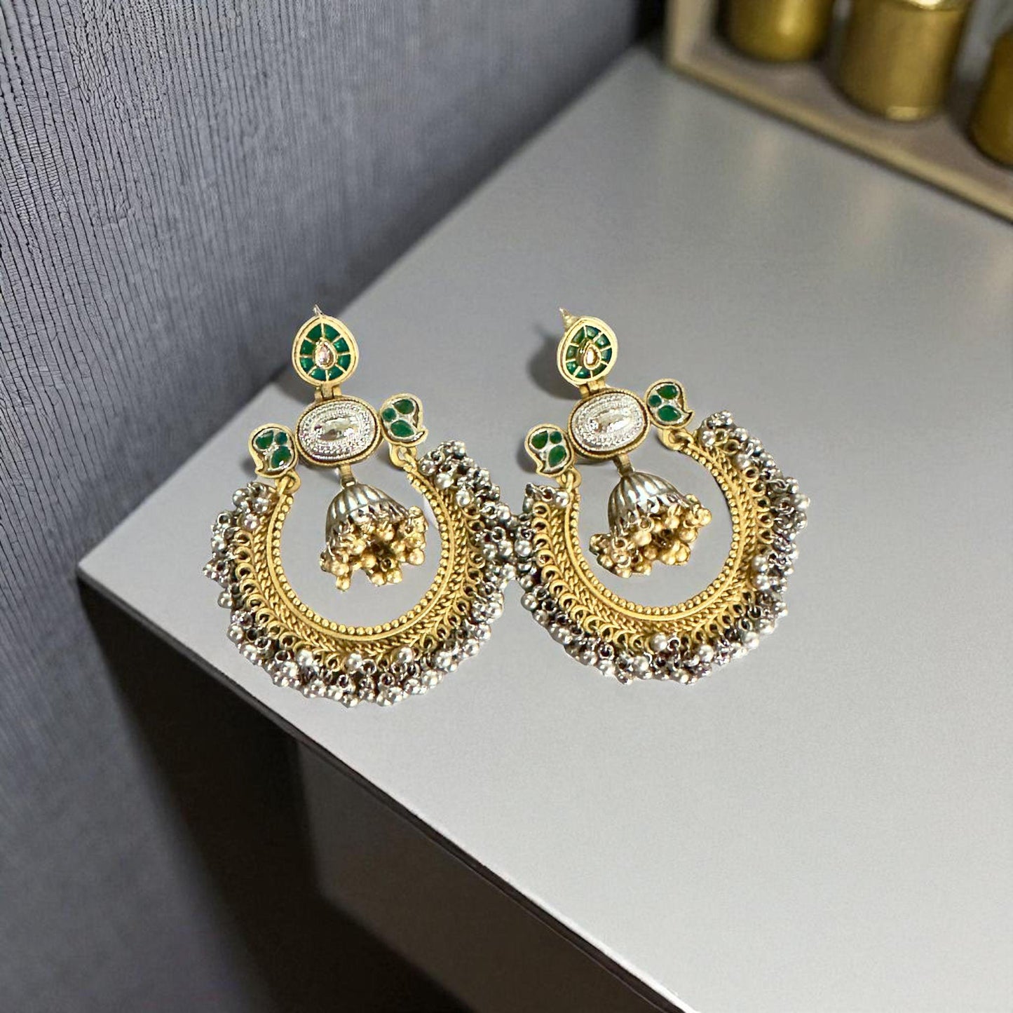 Gold & Silver oxerdize Tone Jhumka Earrings with Green Traditional Ethnic Jewelry