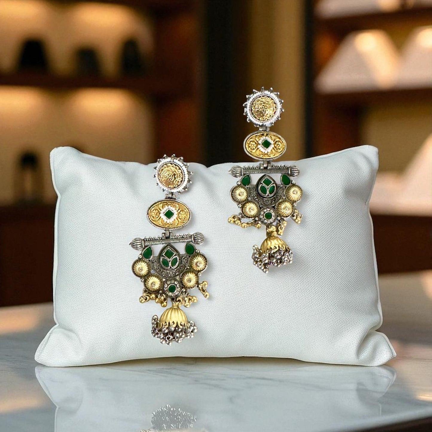 Bollywood Style Traditional Dual-Tone Earrings with Green Stones & Jhumka Design