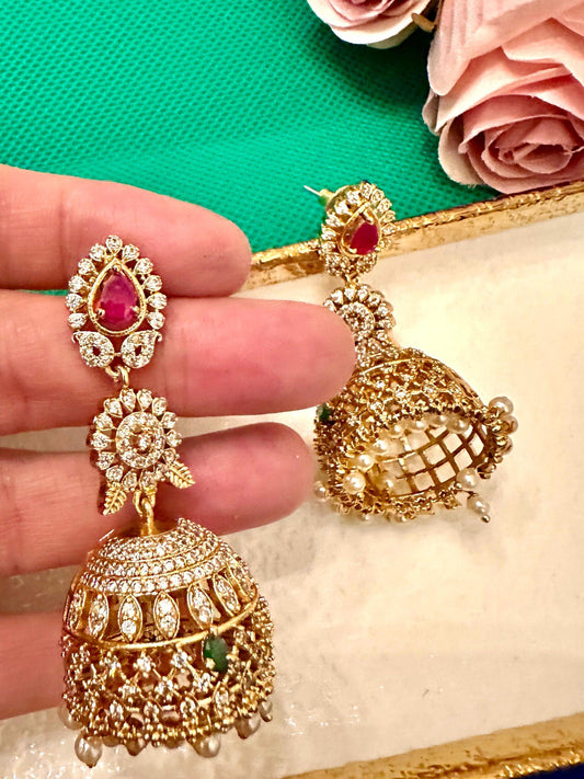 Bollywood Indian Designer Earrings jhumki in ad ruby and emerald green stones.