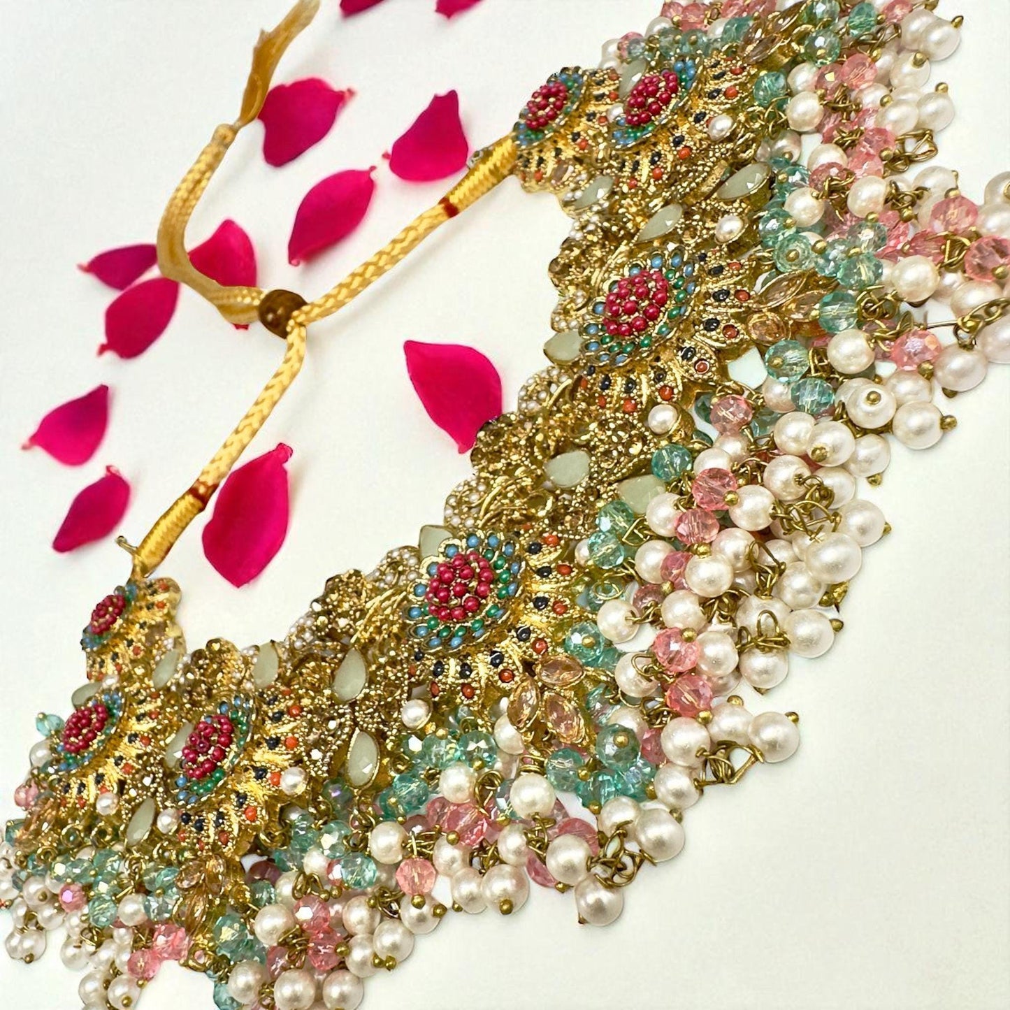 Luxurious Bollywood Inspired Indian Bridal Set - Necklace, Earrings, and Tika with Kundan and Pearls