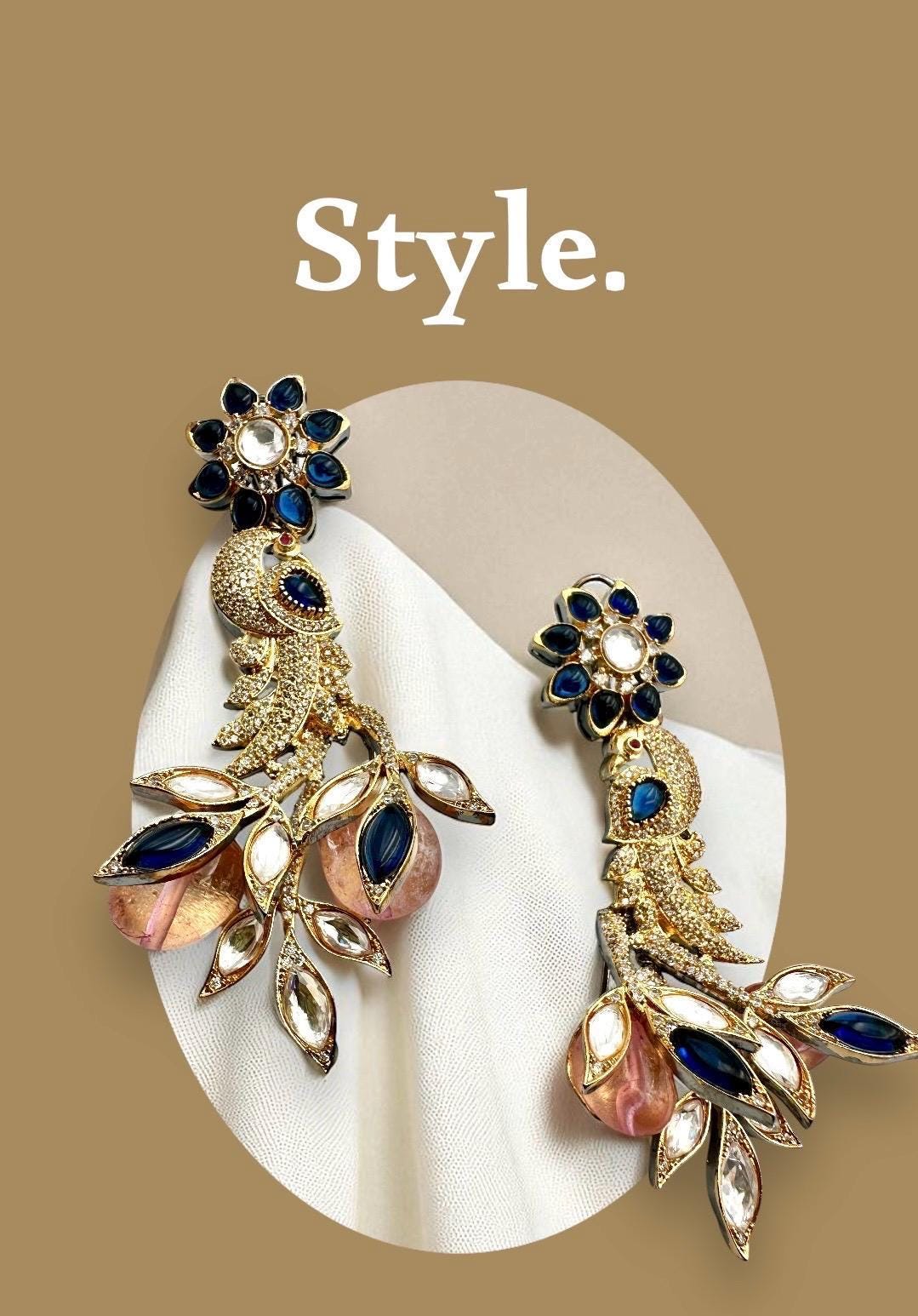 Bollywood Peacock Drop Earrings, Indian Gold Finish Victorian Style