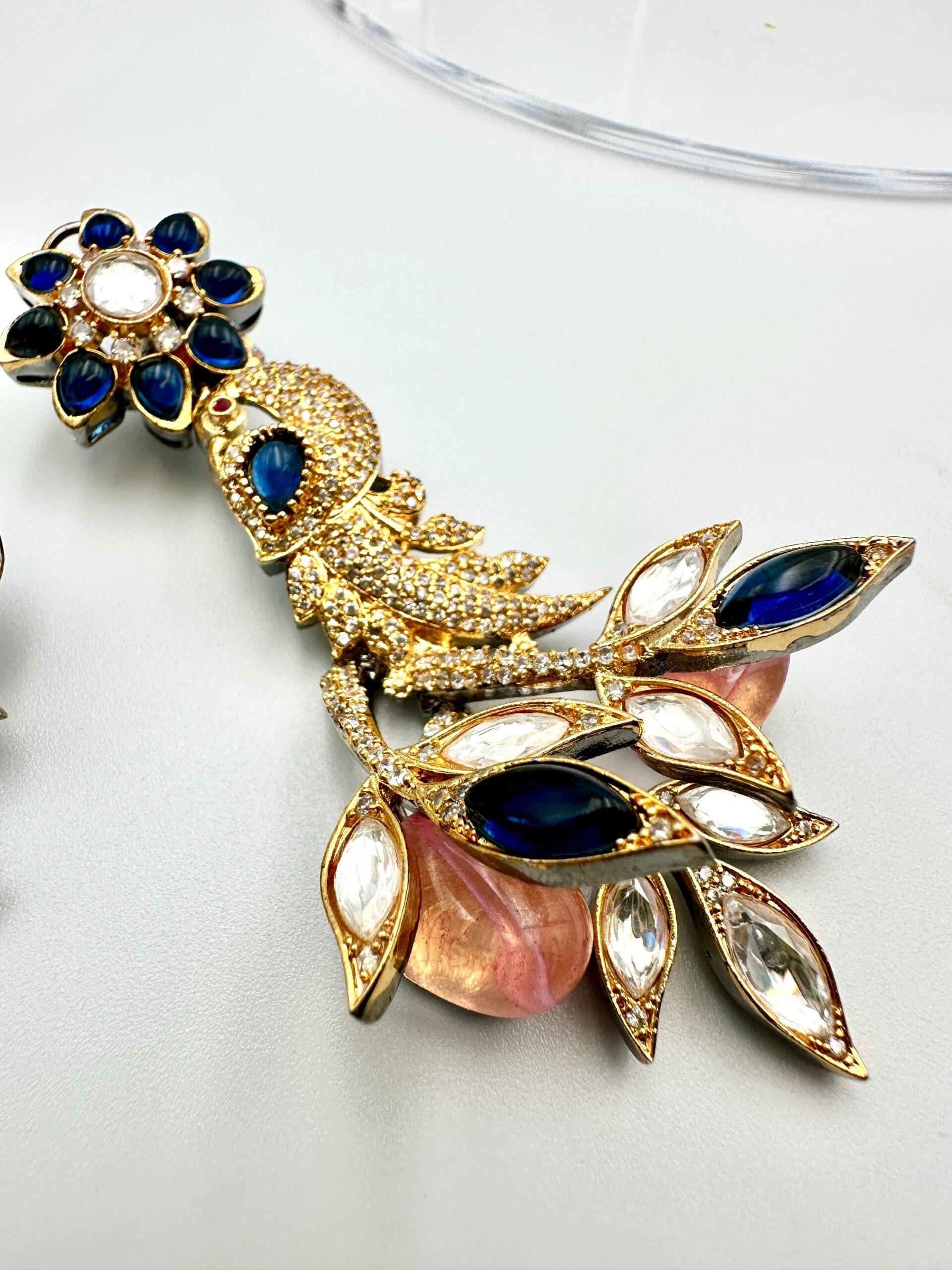 Bollywood Peacock Drop Earrings, Indian Gold Finish Victorian Style