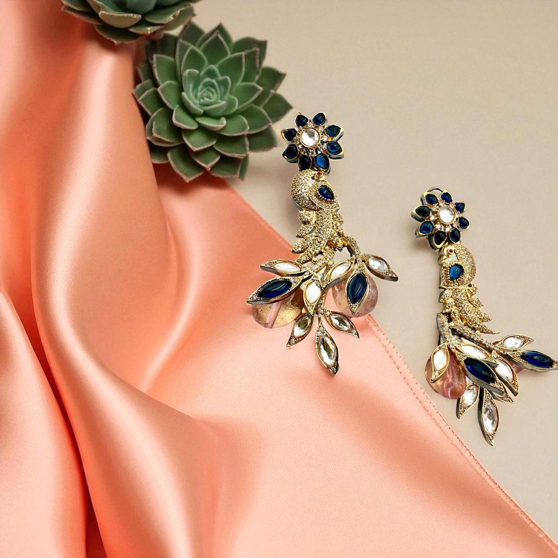 Bollywood Peacock Drop Earrings, Indian Gold Finish Victorian Style