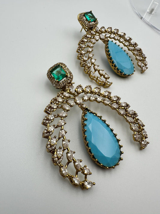 Bollywood Indian Designer high end Earrings with doublet stone,gold finish,Victorian,Ad stones