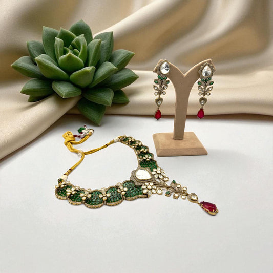 Bollywood heritage designer ethnic Indian Emerland green set, Ruby with ad /kundan stone.